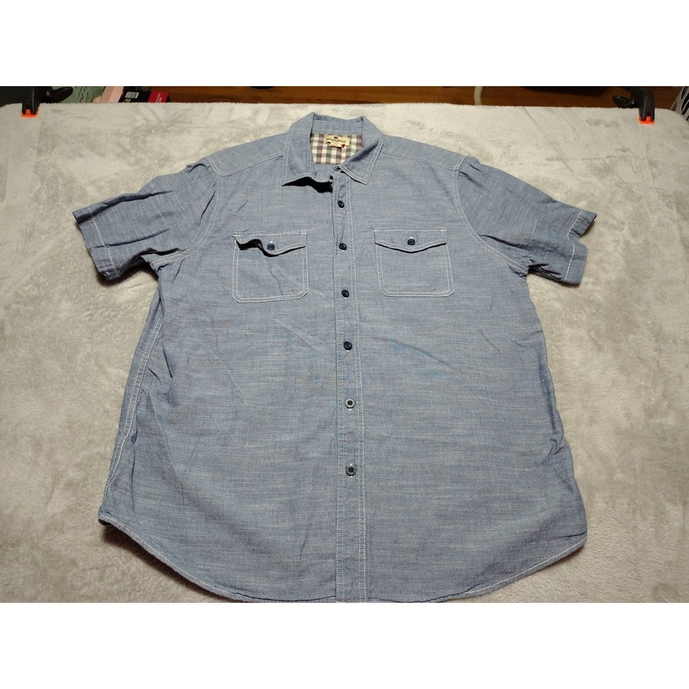 Woolrich Shirt Men XL Blue Denim Style Short Sleeve Outdoor Farmer Cotton